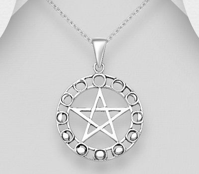 925 Sterling Silver Oxidized Lunar Phases and Star Pendant