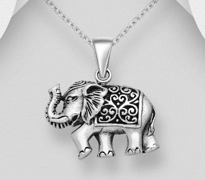 925 Sterling Silver Oxidized Swirl Elephant  Pendant