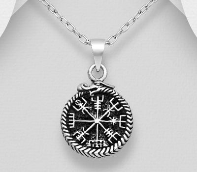 925 Sterling Silver Oxidized Viking Vegvisir Amulet Pendant