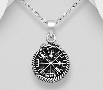 Şəkli böyütmək üçün tiklayın 925 Sterling Silver Oxidized Viking Vegvisir Amulet Pendant