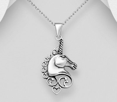925 Sterling Silver Oxidized Unicorn Pendant Featuring Heart and Swirl