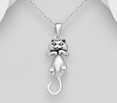 925 Sterling Silver Oxidized Cat Pendant with Swingable Body.