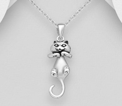 Şəkli böyütmək üçün tiklayın 925 Sterling Silver Oxidized Cat Pendant with Swingable Body.