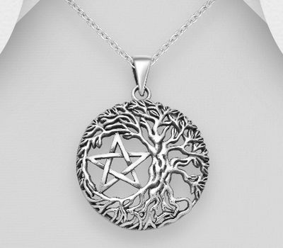 925 Sterling Silver Oxidized Pentagram Star & Tree of Life Celtic Pendant