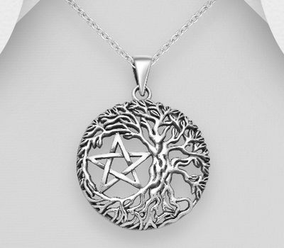 Şəkli böyütmək üçün tiklayın 925 Sterling Silver Oxidized Pentagram Star & Tree of Life Celtic Pendant