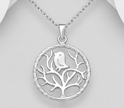 925 Sterling Silver Tree Pendant, Featuring Passerine Bird Design