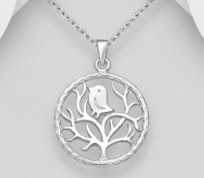 Şəkli böyütmək üçün tiklayın 925 Sterling Silver Tree Pendant, Featuring Passerine Bird Design
