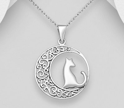 925 Sterling Silver Oxidized Filigree Crescent Moon and Cat Pendant