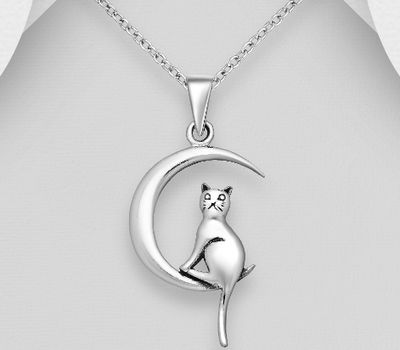 925 Sterling Silver Oxidized Pendant Featuring Cat and Moon