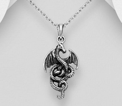 925 Sterling Silver Oxidized Dragon Pendant