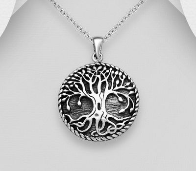 Sterling silver tree of life pendant on antique finish.