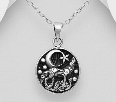 925 Sterling Silver Oxidized Moon, Star and Wolf Pendant