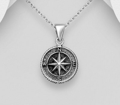Şəkli böyütmək üçün tiklayın 925 Sterling Silver Oxidized Compass Pendant
