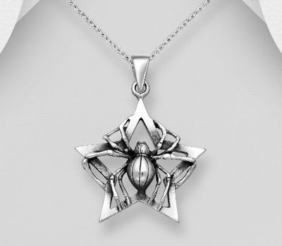 Şəkli böyütmək üçün tiklayın 925 Sterling Silver Oxidized Pendant Featuring Spider and Star
