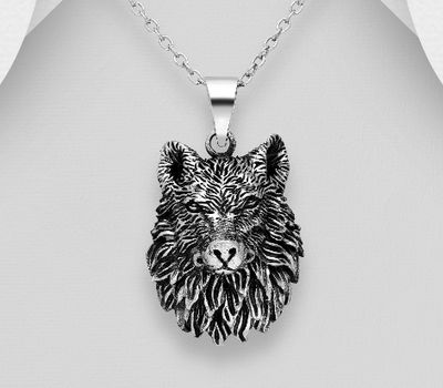 925 Sterling Silver Oxidized Wolf Pendant