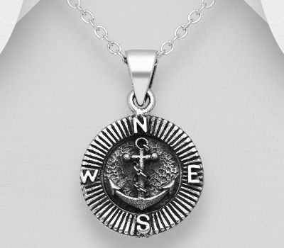 Şəkli böyütmək üçün tiklayın 925 Sterling Silver Oxidized Anchor and Compass Pendant