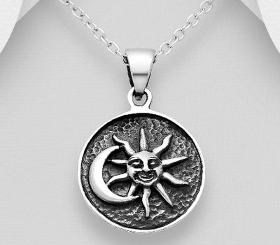 925 Sterling Silver Oxidized Circle Moon and Star Pendant