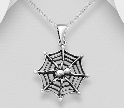 925 Sterling Silver Oxidized Spider and Web Pendant