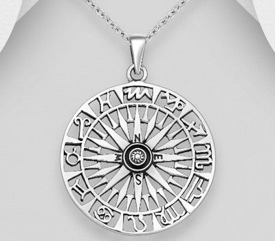 925 Sterling Silver Oxidized Compass Pendant