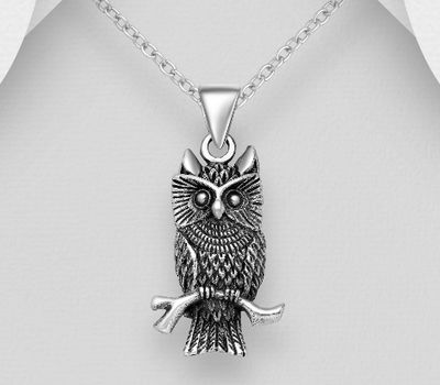 925 Sterling Silver Oxidized Owl Pendant
