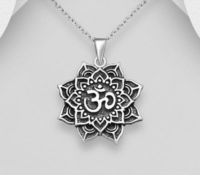 925 Sterling Silver Oxidized Flower and Om Pendant
