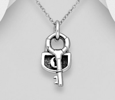 925 Sterling Silver Oxidized Key and Lock Pendant
