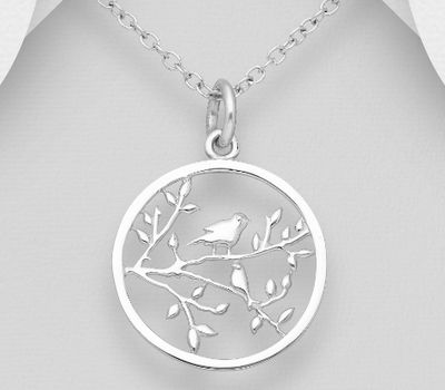 925 Sterling Silver Branch, Leaf And Birds Pendant