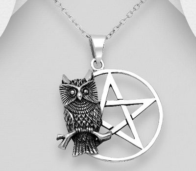 925 Sterling Silver Oxidized Owl and Star Pendant