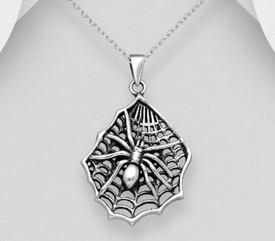 925 Sterling Silver Oxidized Cobweb and Spider Pendant