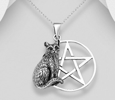 925 Sterling Silver Oxidized Cat and Star Pendant
