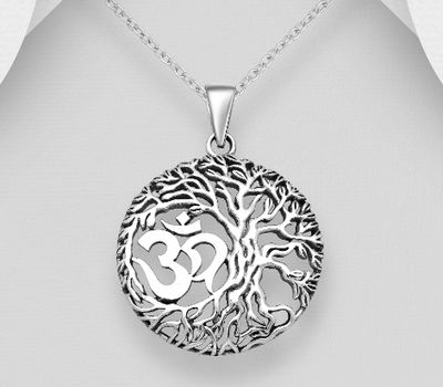 925 Sterling Silver OxidizedOm Sign and Tree of Life Pendant