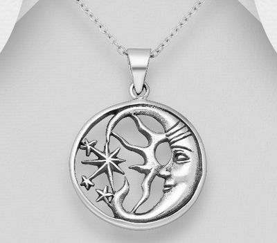 925 Sterling Silver Oxidized Moon and Star Pendant