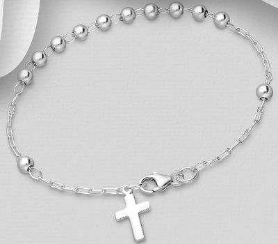 Şəkli böyütmək üçün tiklayın 925 Sterling Silver Ball Beads Bracelet Featuring Cross Charm