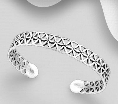 925 Sterling Silver Oxidized Flower of Life Pattern Cuff Bracelet