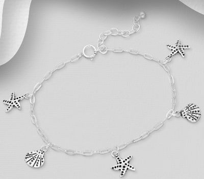 925 Sterling Silver Oxidized Shell and Starfish Charm Bracelet