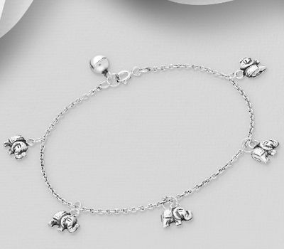925 Sterling Silver Oxidized Bell and Elephant Bracelet