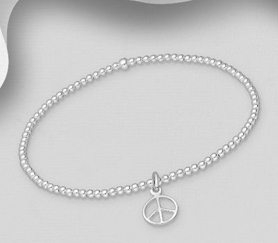 925 Sterling Silver Ball & Peace Symbol Stretch Bracelet