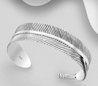 925 Sterling Silver Oxidized Feather Cuff Bracelet