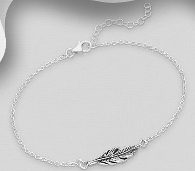 925 Sterling Silver Oxidized Feather Bracelet