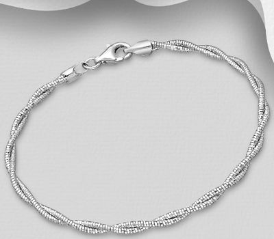 ITALIAN DELIGHT - 925 Sterling Silver Twisted Bracelet, 2 mm Wide. Made in Italy.