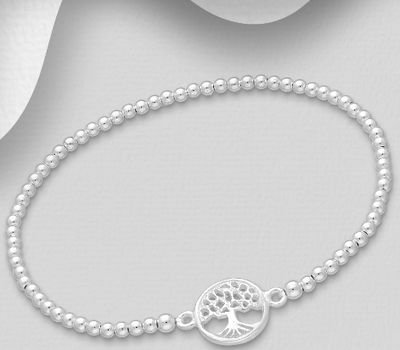 925 Sterling Silver Ball & Tree Of Life Stretch Bracelet