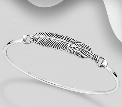 925 Sterling Silver Oxidized Feather Bangle