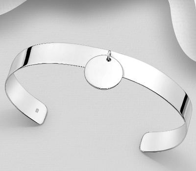 925 Sterling Silver Engravable Circle Tag Cuff Bracelet