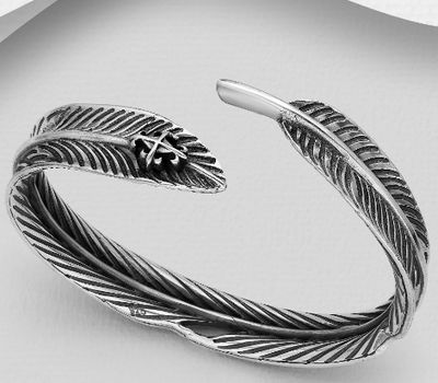 Şəkli böyütmək üçün tiklayın 925 Sterling Silver Oxidized Feather Fleur De Lis Cuff Bracelet
