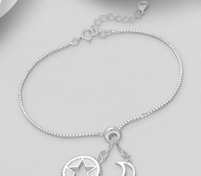 Şəkli böyütmək üçün tiklayın 925 Sterling Silver Moon and Star Bracelet