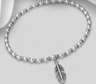 925 Sterling Silver Stretch Bracelet With Ball Beads & Feather Charm