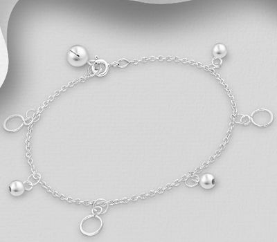 925 Sterling Silver Ball, Bell and Circle Bracelet