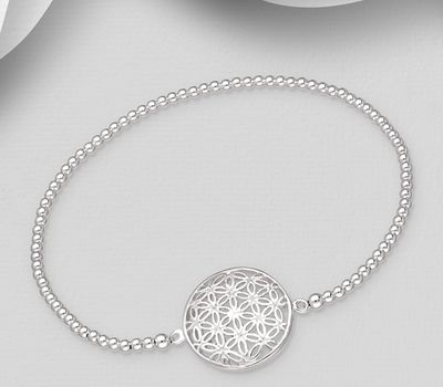 925 Sterling Silver Ball And Flower of Life Stretch Bracelet