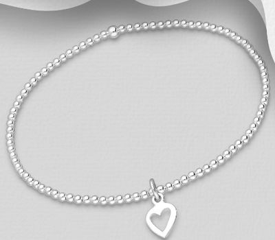 925 Sterling Silver Ball & Heart Stretch Bracelet