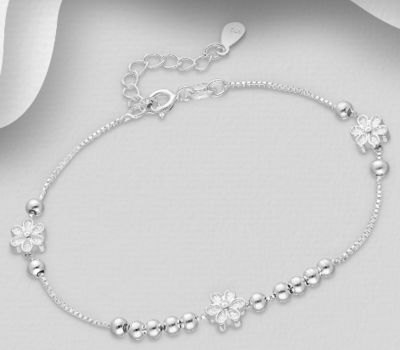 ITALIAN DELIGHT - 925 Sterling Silver Ball and Flower Bracelet, 6 mm Wide, Made in Italy.